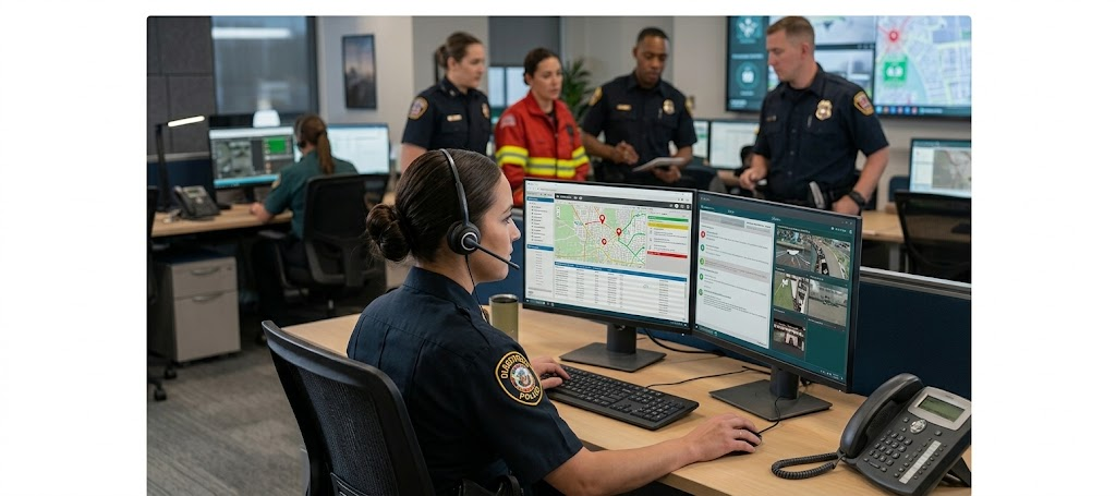 911 dispatcher at a multi-monitor console with police, fire and EMS on the floor behind