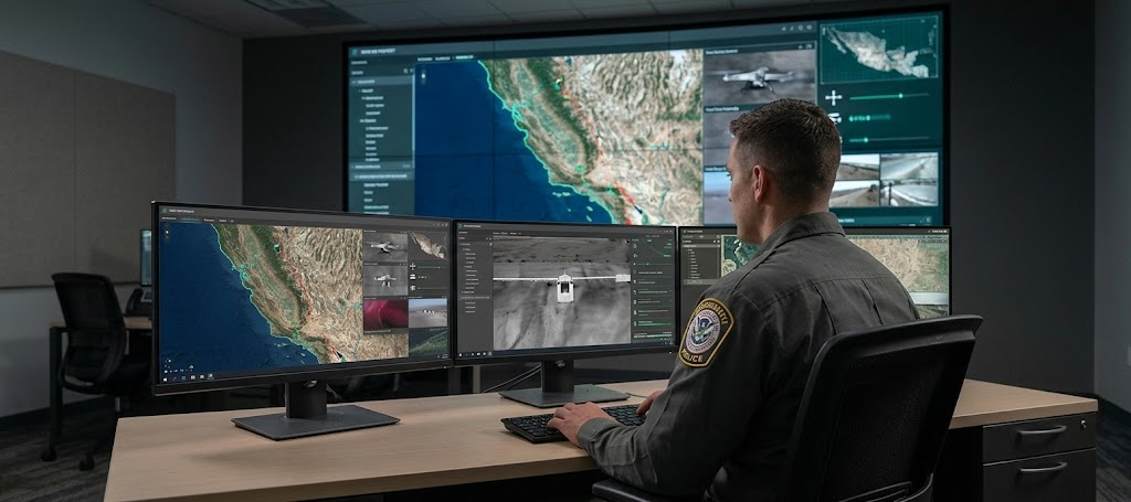 Border surveillance control room with officers monitoring sensor feeds and field units