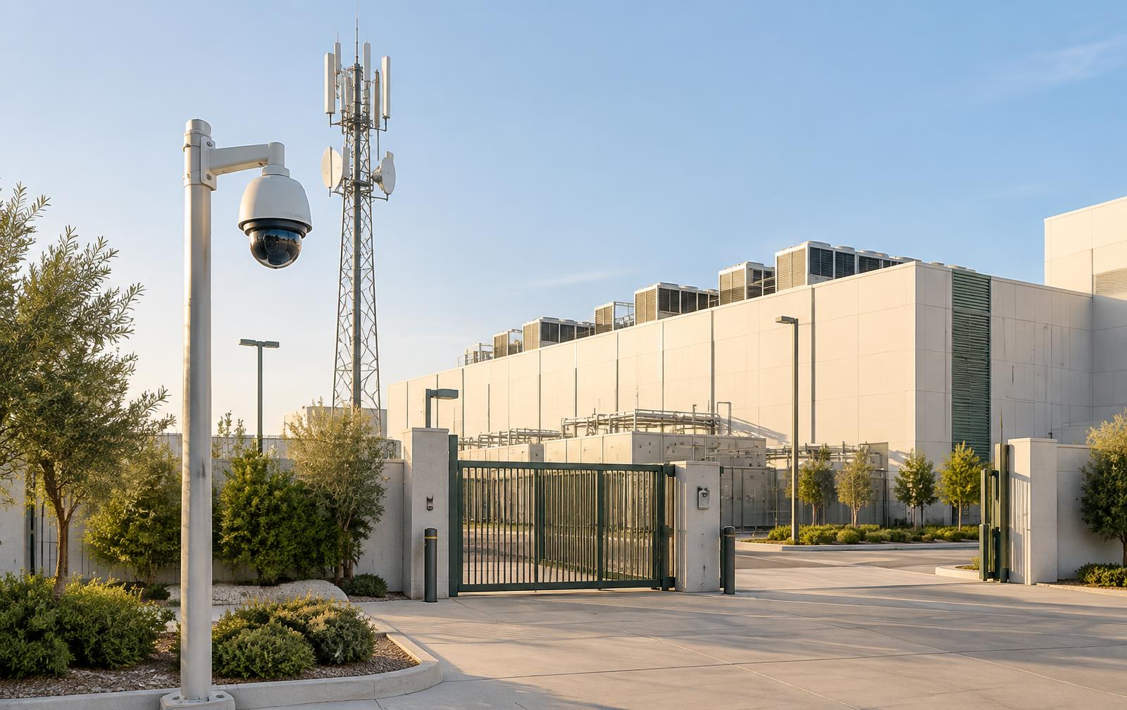 PTZ dome camera on a pole at a critical infrastructure facility, with a radio antenna mast behind it